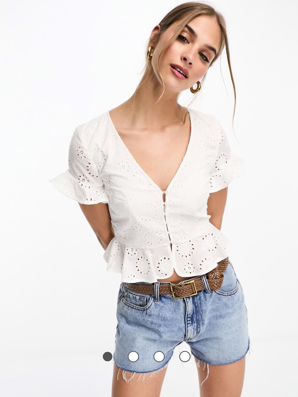 & Other Stories Broderie Anglaise White Eyelet V-Neck Peplum Blouse